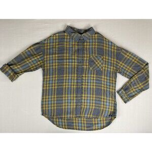 Prana Plaid Percy Flannel Top Women's M Grey Yellow Roll Tab Organic Cotton